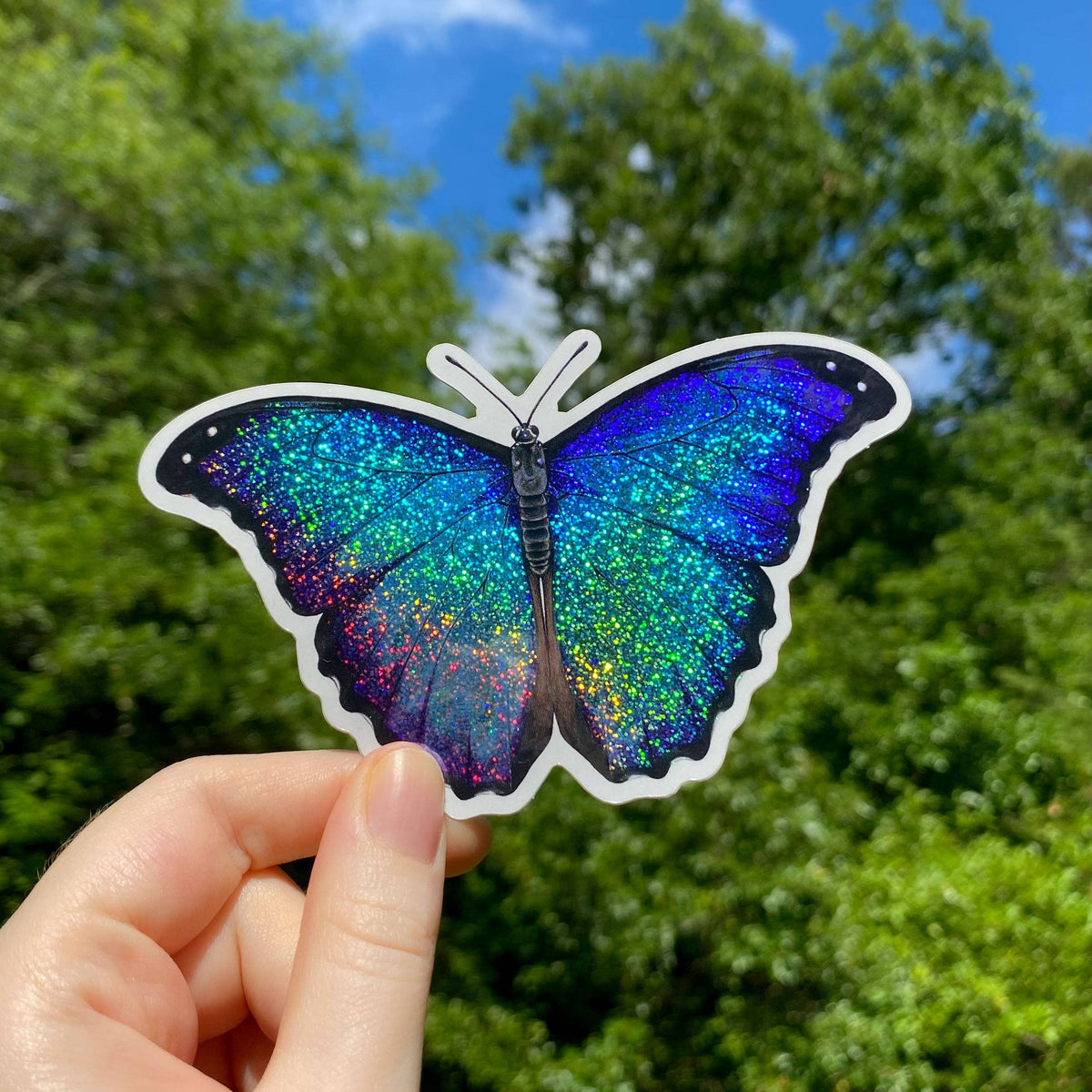 Iridescent Sparkle Menelaus Morpho Butterfly Weatherproof Vinyl Sticker