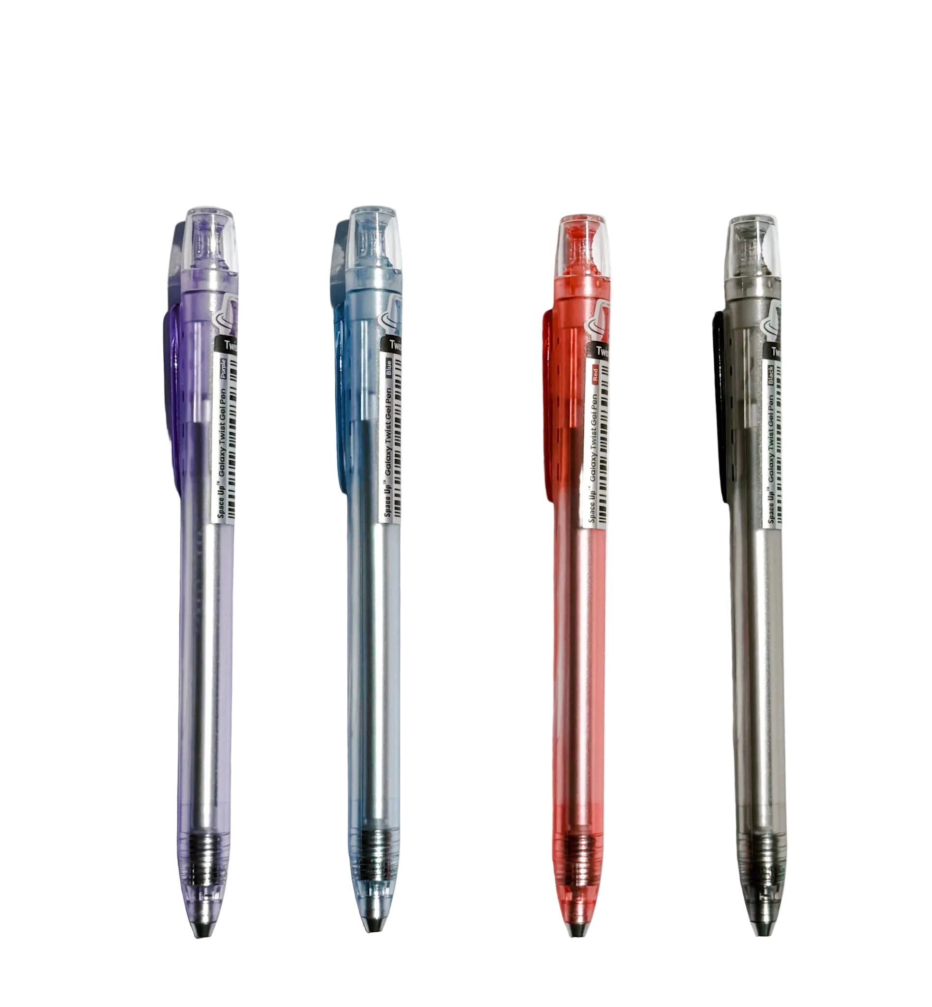 Four retractable gel pens in different translucent colors (purple, blue, red, and gray) lined up vertically on a light gray background.