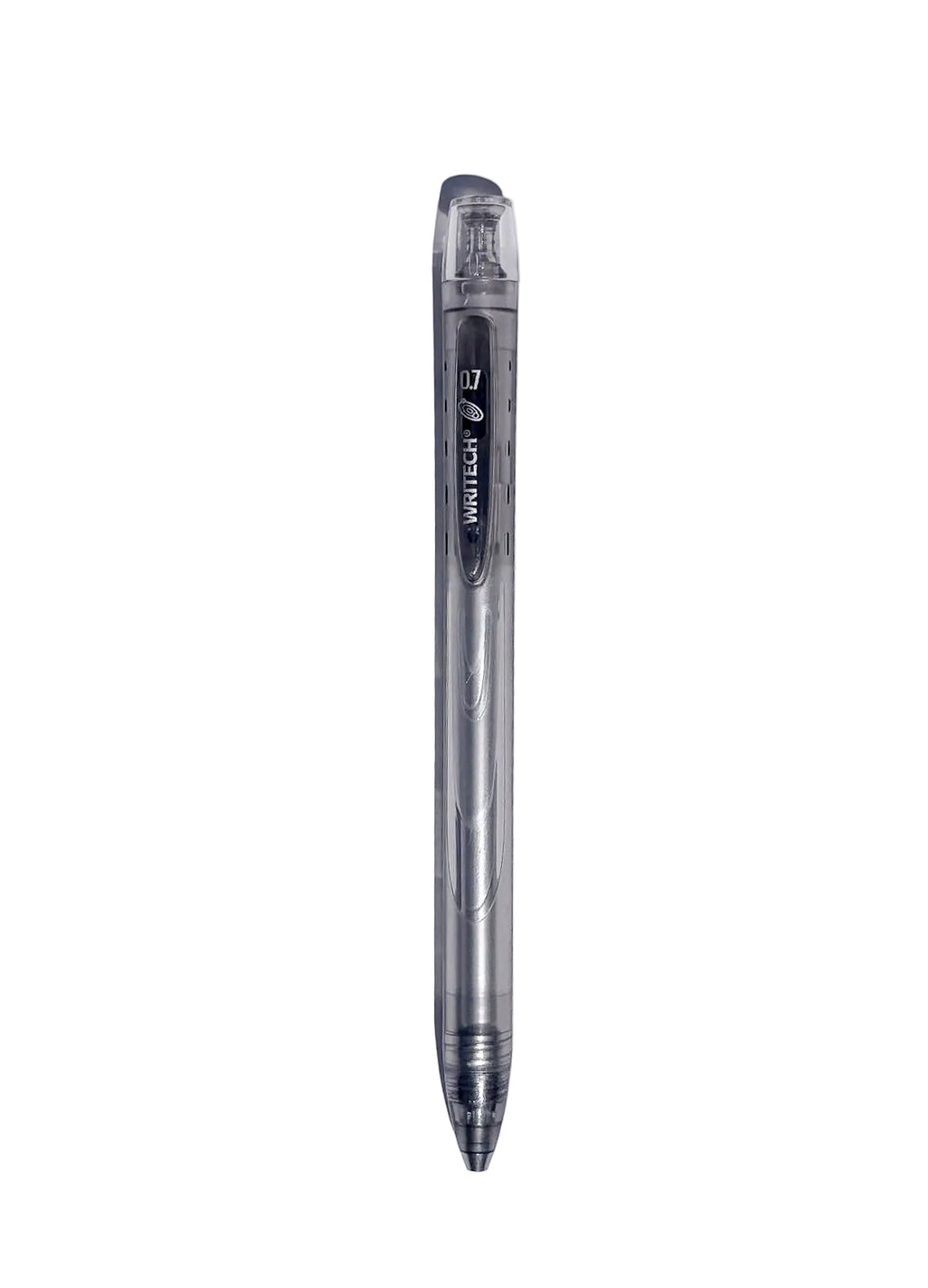 A clear plastic retractable ballpoint pen with a black grip and silver tip, shown vertically against a light gray background.
