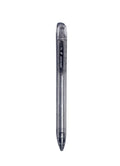 A clear plastic retractable ballpoint pen with a black grip and silver tip, shown vertically against a light gray background.