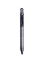 A clear plastic retractable ballpoint pen with a black grip and silver tip, shown vertically against a light gray background.