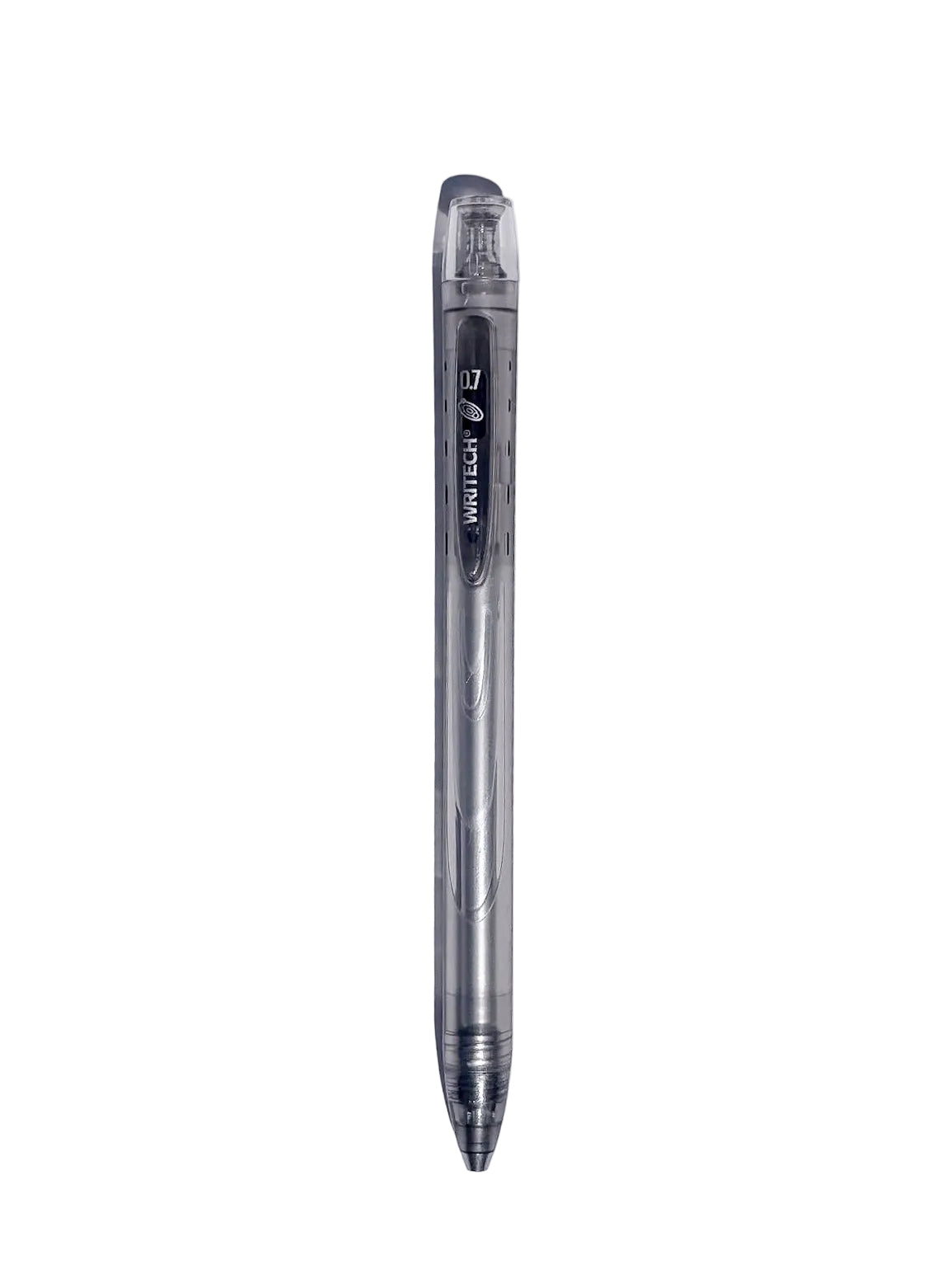 A clear plastic retractable ballpoint pen with a black grip and silver tip, shown vertically against a light gray background.