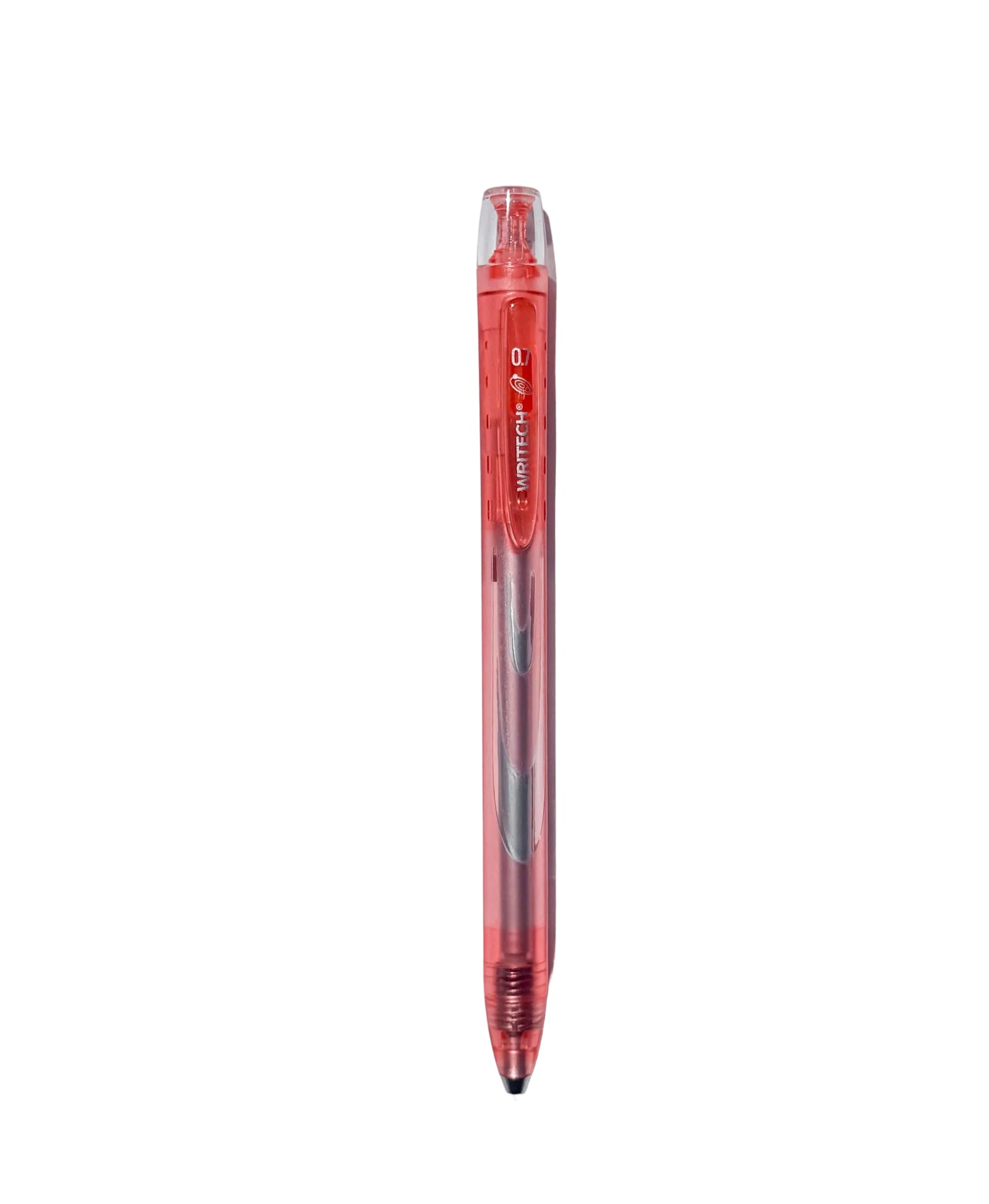 A translucent pink retractable gel pen with a clear cap, shown vertically against a light gray background.