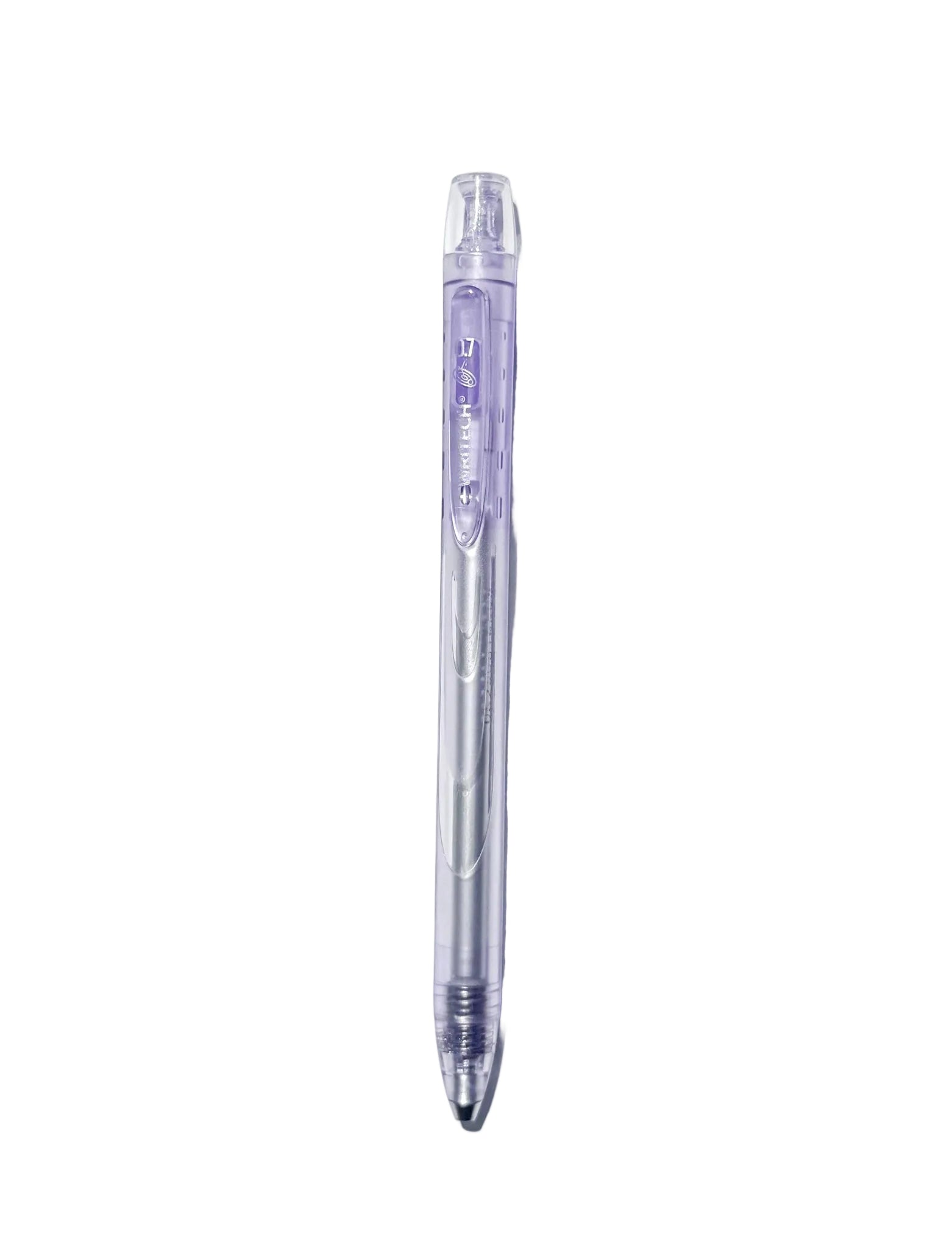 A translucent light purple retractable ballpoint pen shown vertically against a plain white background.