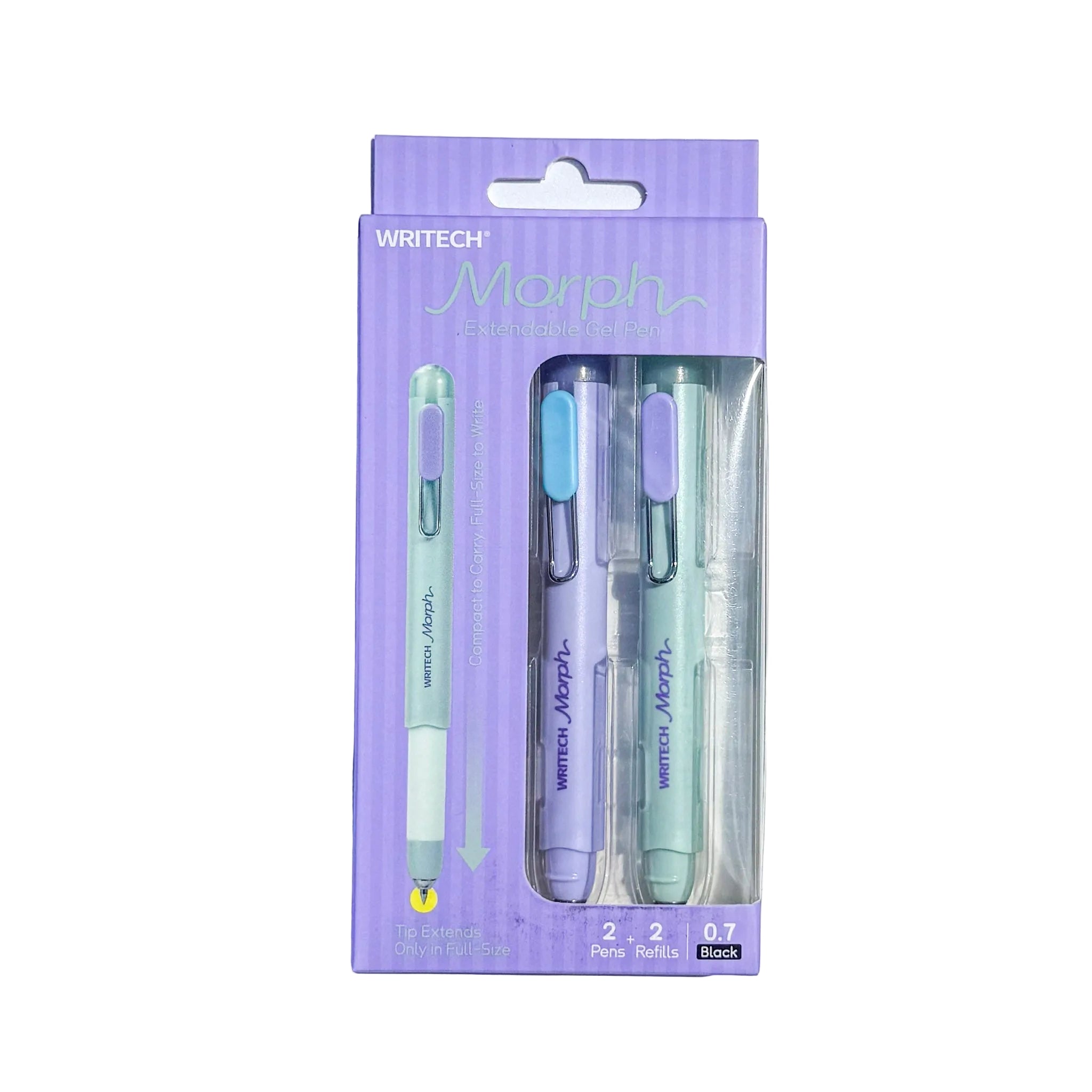 A package of three WriteTech Morph dual-tip pens in pastel colors (mint green, lavender, and light blue) inside a purple cardboard blister pack, set against a plain white background.