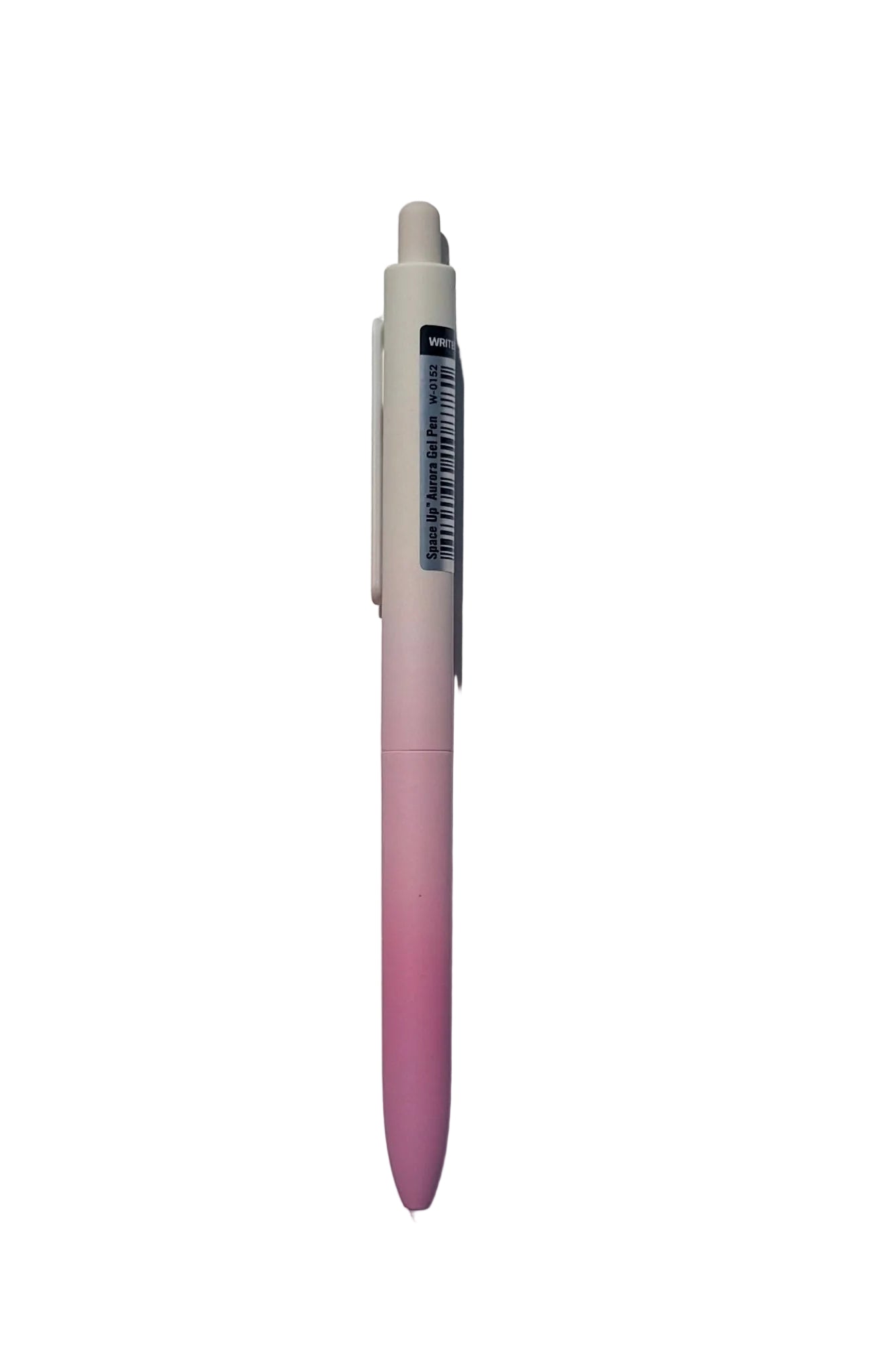A retractable ballpoint pen with a white cap and a pink-to-white gradient barrel, shown vertically on a light gray background.