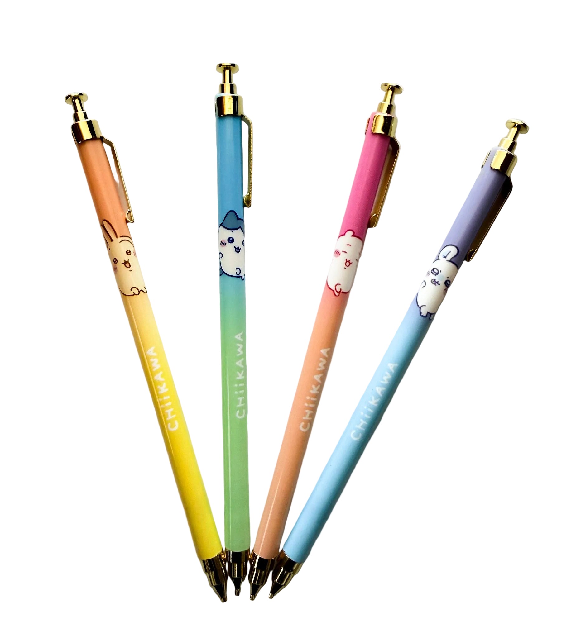 Four CHIKARAVA mechanical pencils with cute bunny illustrations, arranged in a fan shape on a light gray background. The pencils feature pastel gradient bodies in yellow, green, pink, and purple, with gold accents.