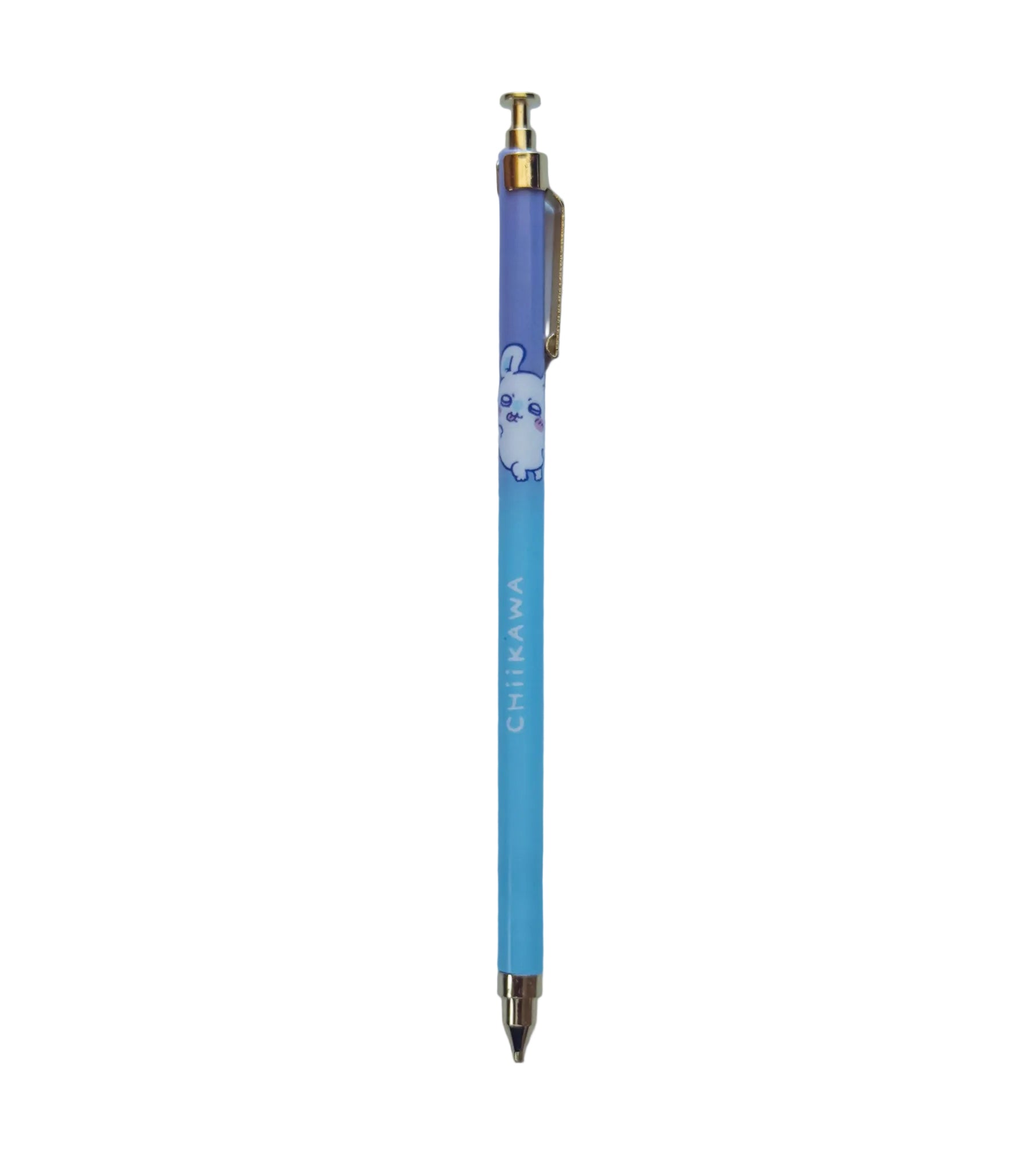 A Chikawa automatic pencil pen with a light blue barrel, lavender top section, gold clip and end caps, and a white cartoon character printed on the front.