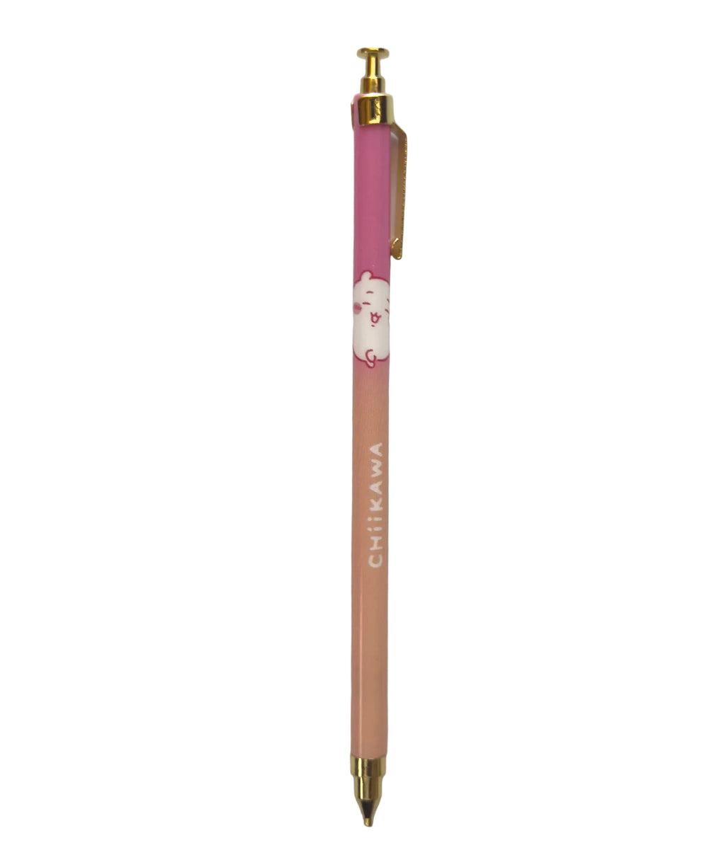 A pink and beige retractable pen with a small white cat illustration and the name 'CHIKAWA' printed vertically, shown on a plain white background.