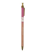 A pink and beige retractable pen with a small white cat illustration and the name 'CHIKAWA' printed vertically, shown on a plain white background.