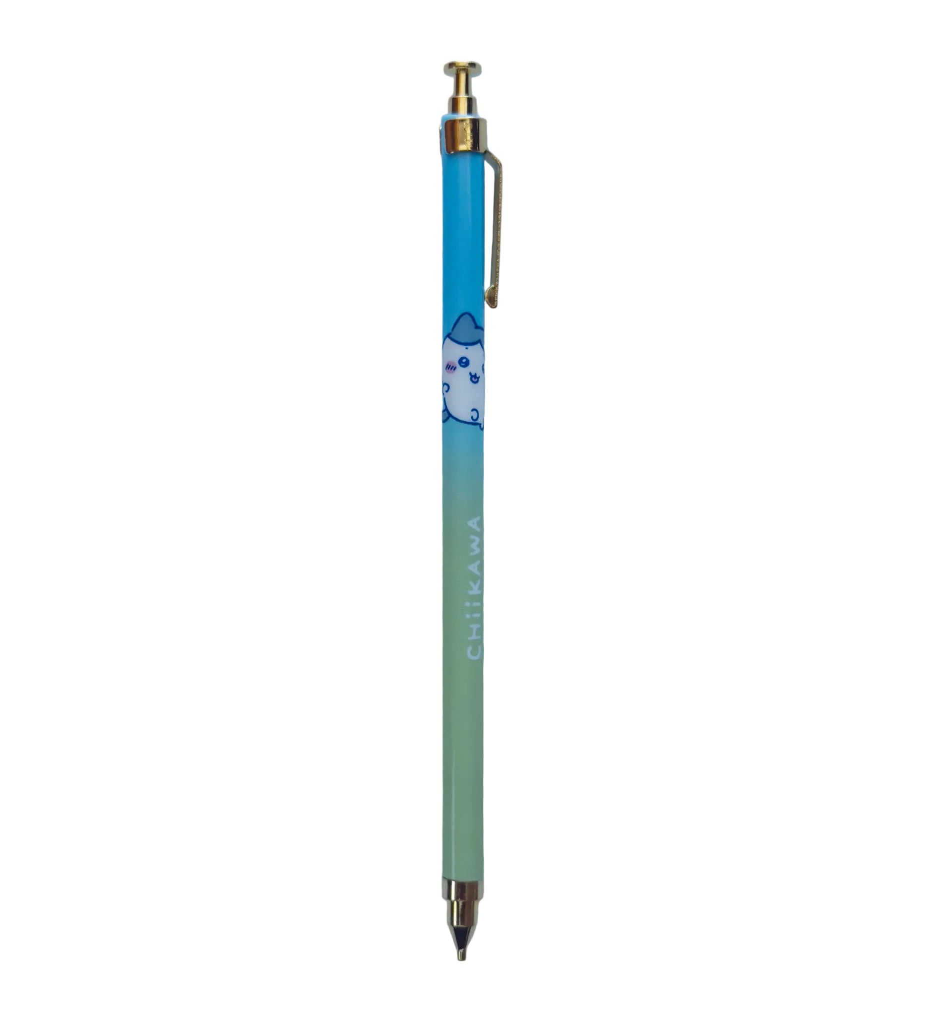 A Chiikawa-themed retractable mechanical pencil with a blue-to-green gradient barrel, featuring a cartoon character and gold metal accents, set against a solid light blue background.