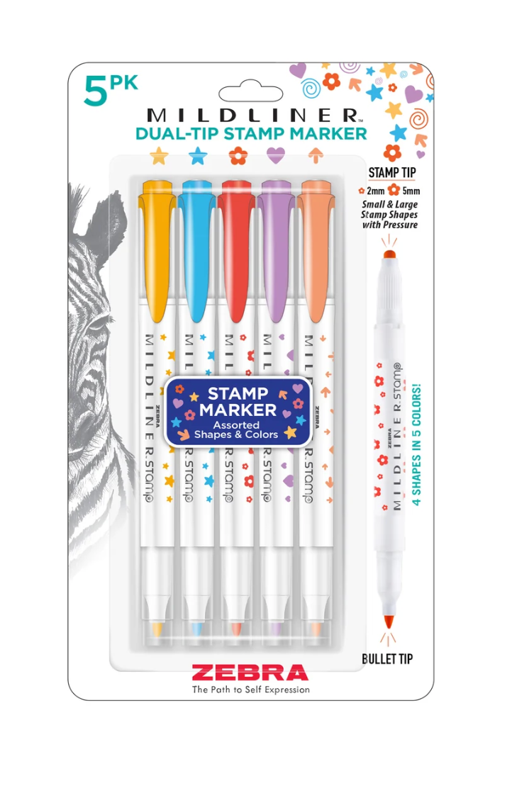 A 5-pack of Zebra Mildliner dual-tip stamp markers in 5 colors, packaged in a clear blister pack with a white backing card. The markers feature white barrels with colorful accents (yellow, blue, red, purple, peach) and are shown alongside a graphic of a zebra and a single marker illustration.