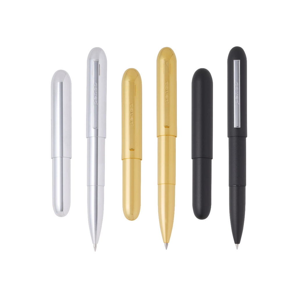 Five metallic ballpoint pens in silver, gold, and black, arranged vertically side by side on a plain white background.