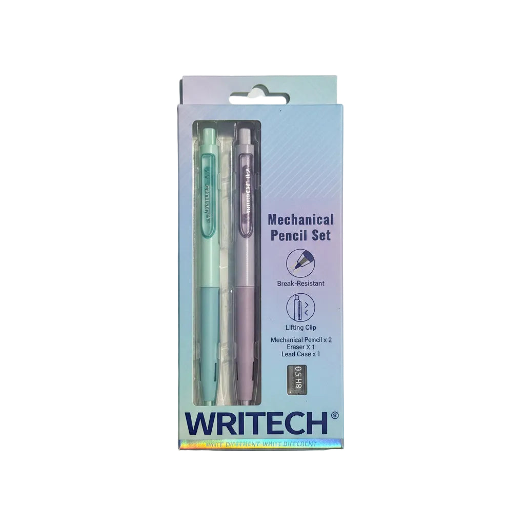 Two WRITECTech mechanical pencil sets in retail packaging, displayed side-by-side against a plain light background.