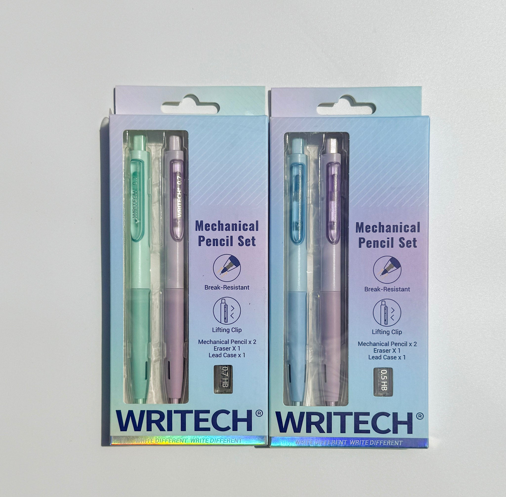 Two WRITECTech mechanical pencil sets in retail packaging, displayed side-by-side against a plain light background.