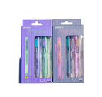 Two packages of WRITECH Morph gel pens, one in purple and one in gray, each containing three pastel-colored pens.