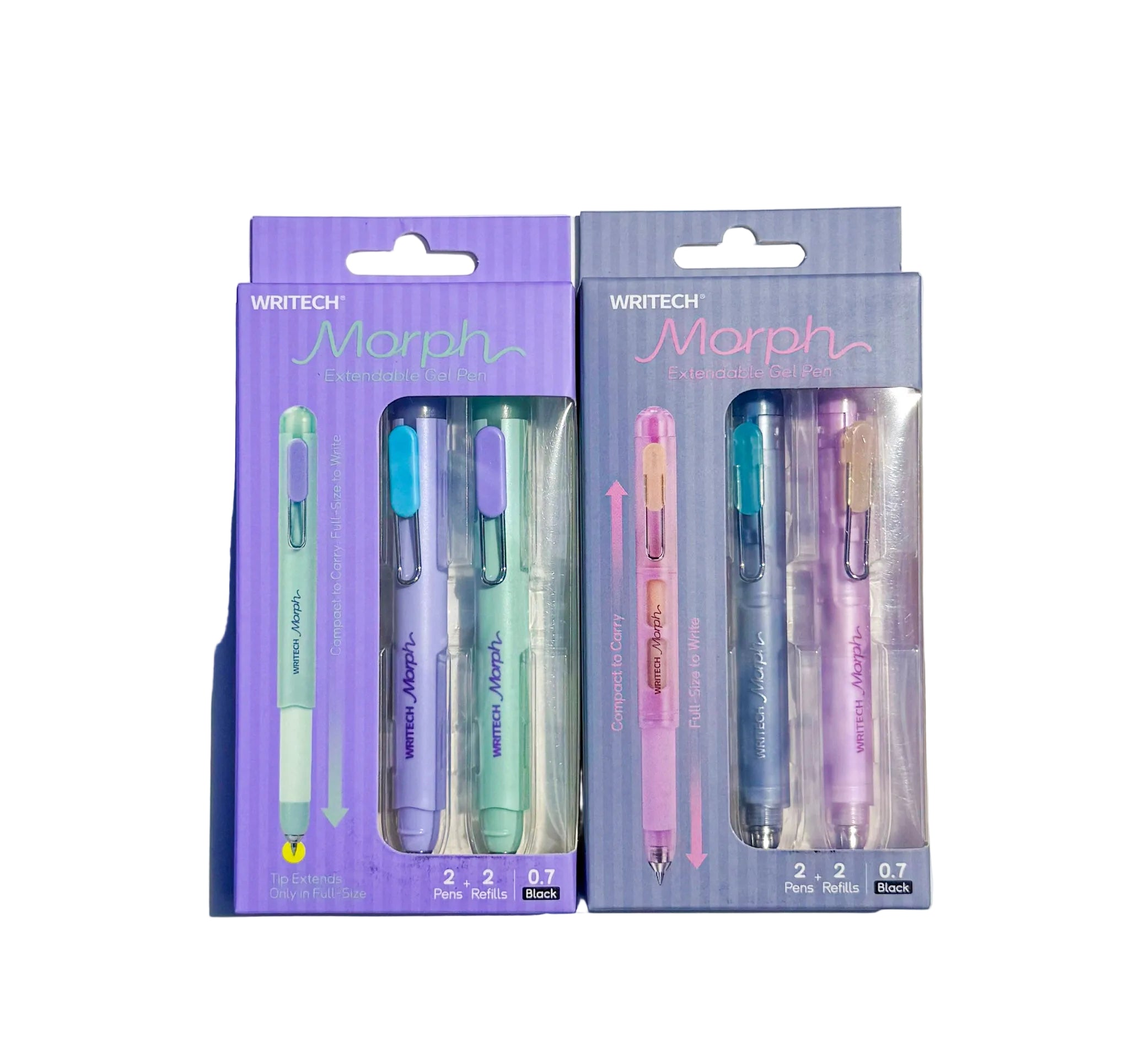 Two packages of WRITECH Morph gel pens, one in purple and one in gray, each containing three pastel-colored pens.