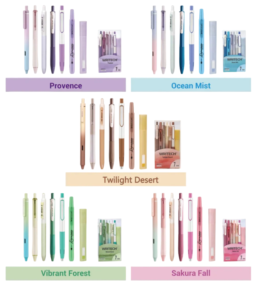 A collage showing four different colorways of the Montech 7-in-1 retractable pen, labeled Provence, Ocean Mist, Twilight Desert, and Sakura Fall. Each section displays the four pen colors, a pen in its cap, and the product packaging.