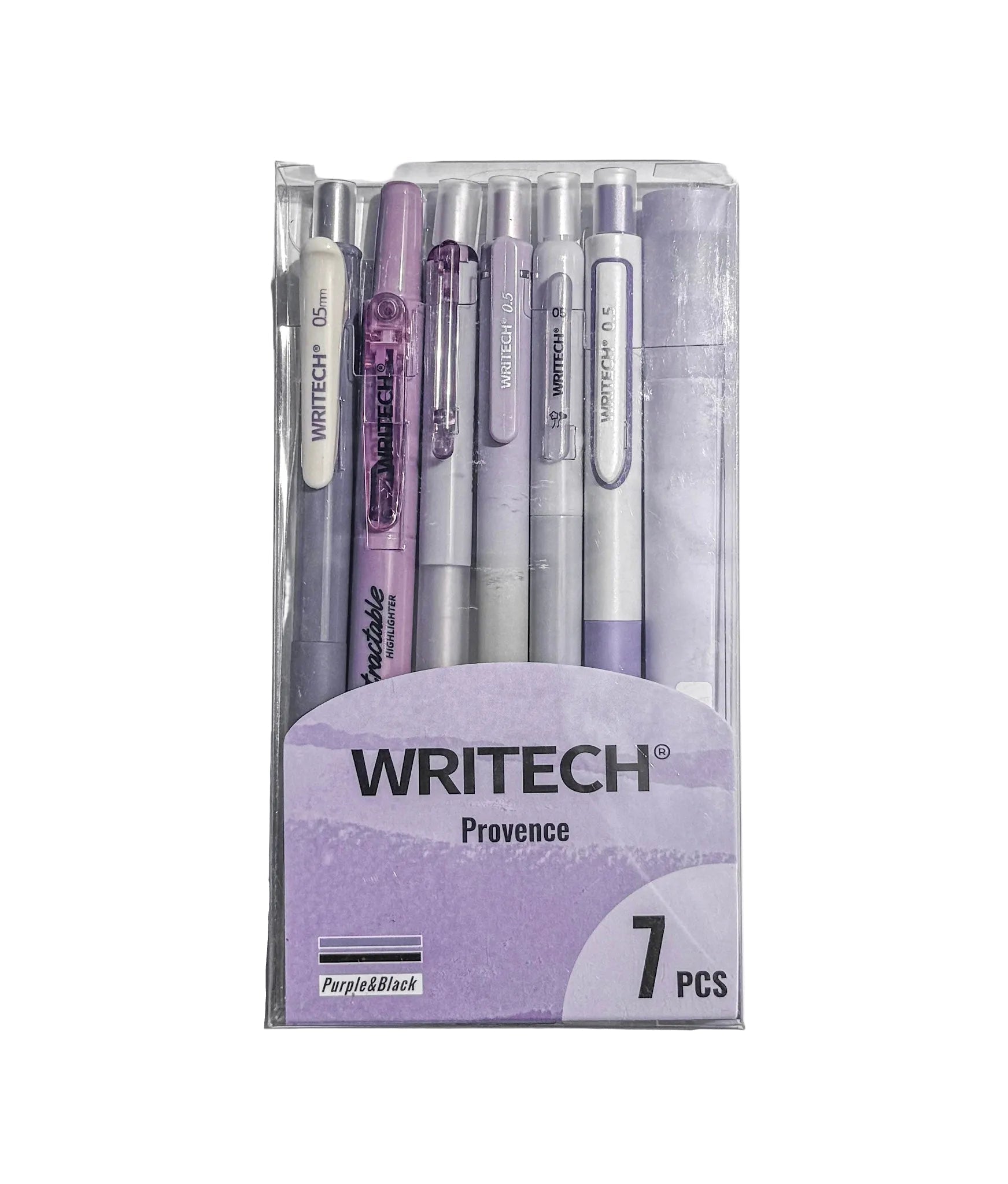A 7-pack of WriteTech Provence retractable pens in a clear plastic clamshell package with a lavender and white label. The pens feature a purple and lavender color scheme with silver and white accents.
