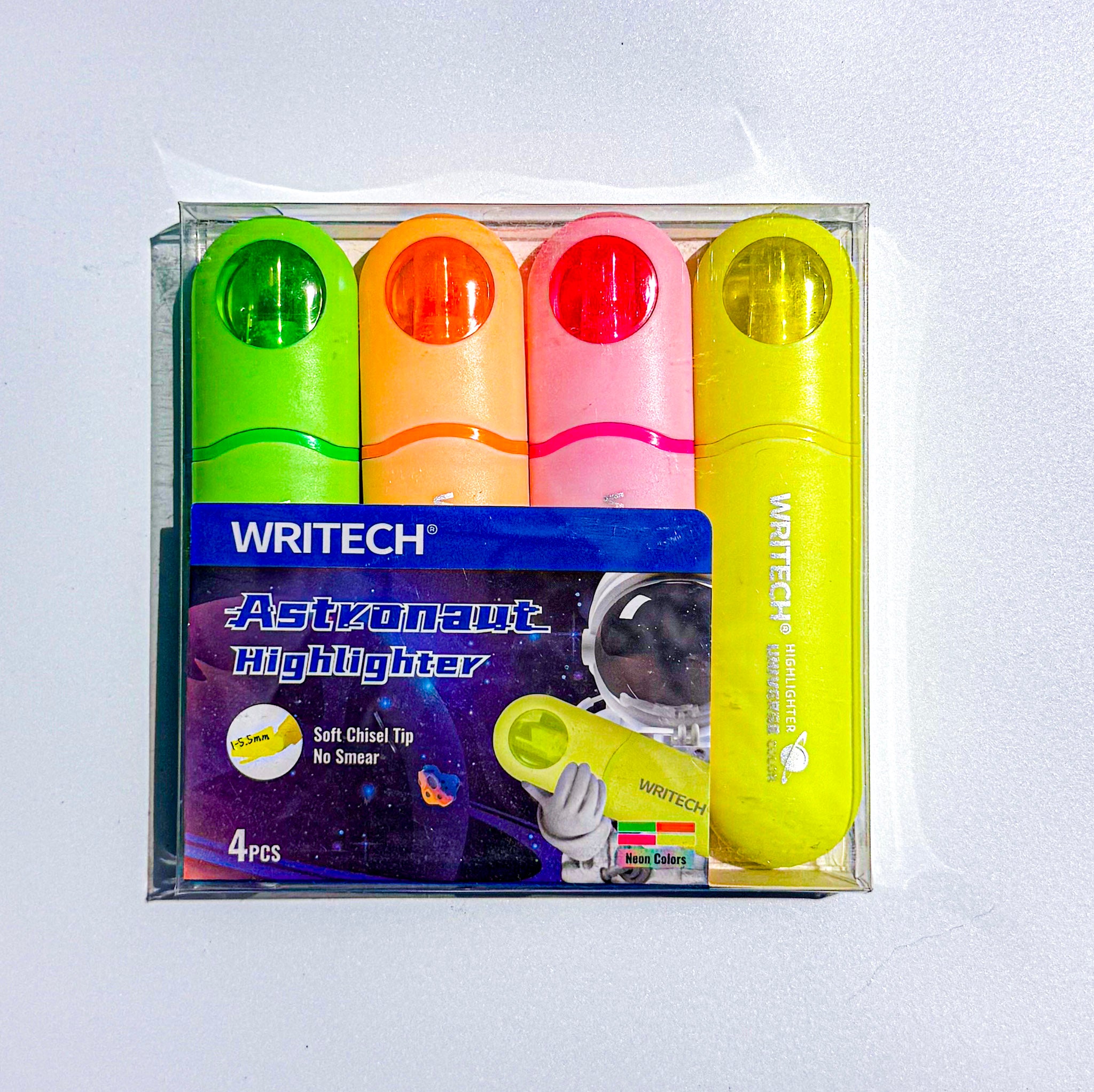 A 4-pack of WRITECH Astronaut Highlighters in neon green, orange, pink, and yellow, packaged in a clear plastic case with a blue and purple space-themed cardboard insert.