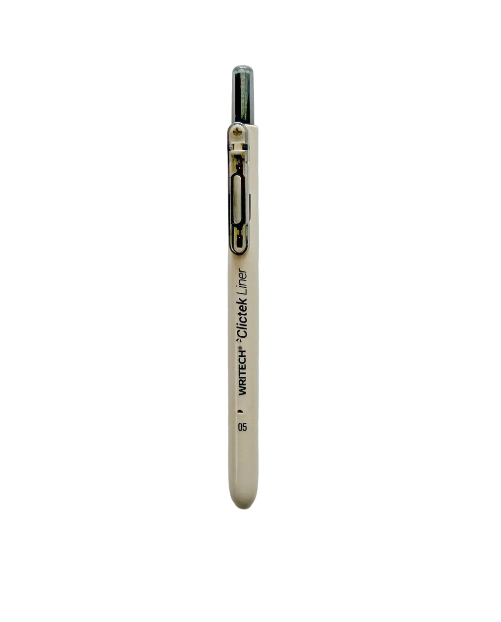A single beige retractable pen with black printed text reading 'writech+Click+1.5ml' and a black clip, photographed vertically against a plain white background.