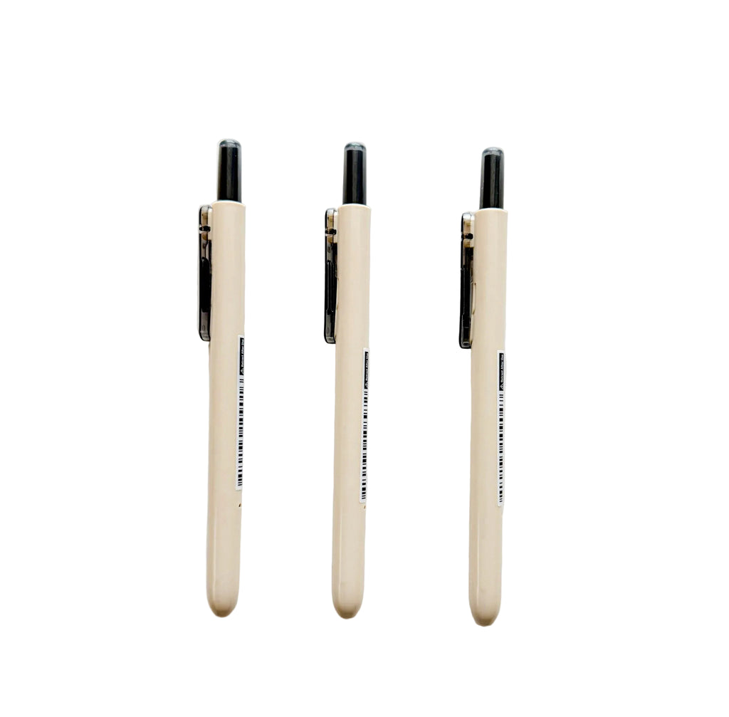 Three beige retractable ballpoint pens with black tips and black printed text, arranged vertically on a plain white background.